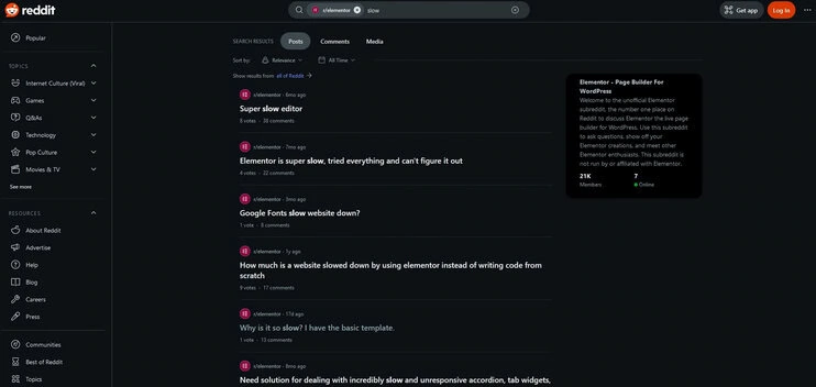 Reddit Complaints on Elementors slow speed