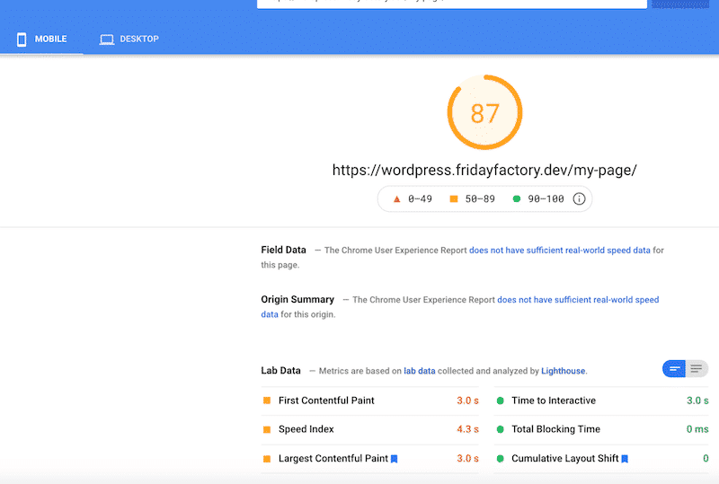 Beaver Builder Speed Test Score on Mobile