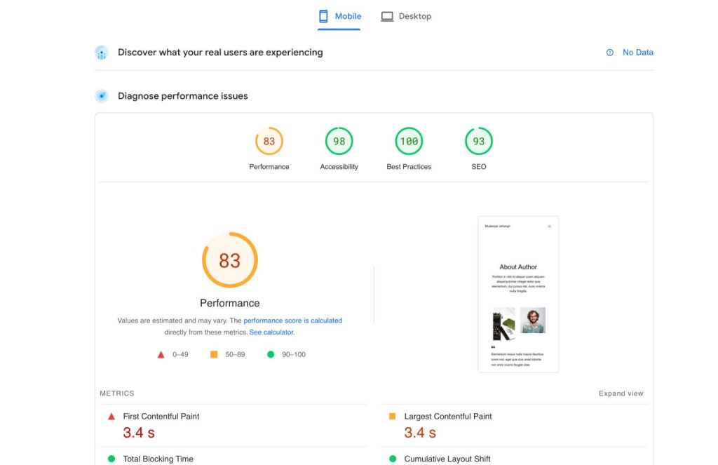 performance results with imported template