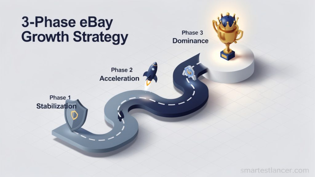 3-Phase eBay growth roadmap showing stabilization acceleration and dominance phases