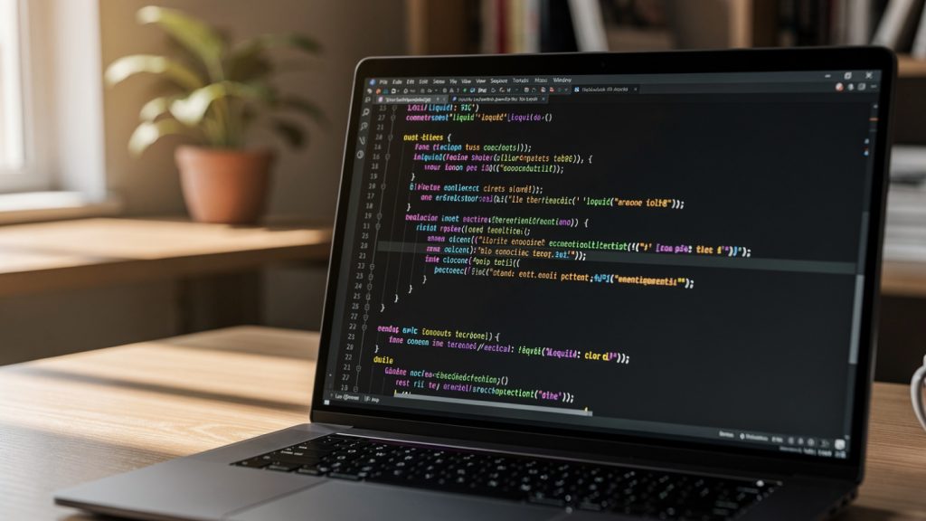 Close-up of a high-resolution laptop screen displaying clean, colorful lines of code (Liquid and PHP syntax). In the background, a blurred, modern home office setting in Bangladesh. Soft morning light, professional atmosphere, shallow depth of field.