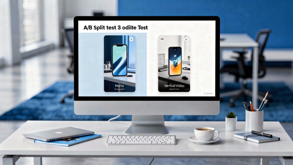 A clean, minimalist workspace with a high-end monitor showing an A/B split test comparison of two different vertical video ads. Blurred professional office background with blue accents