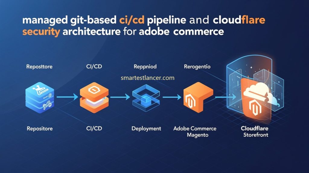Managed Git-based CI/CD pipeline and Cloudflare security architecture for Adobe Commerce.