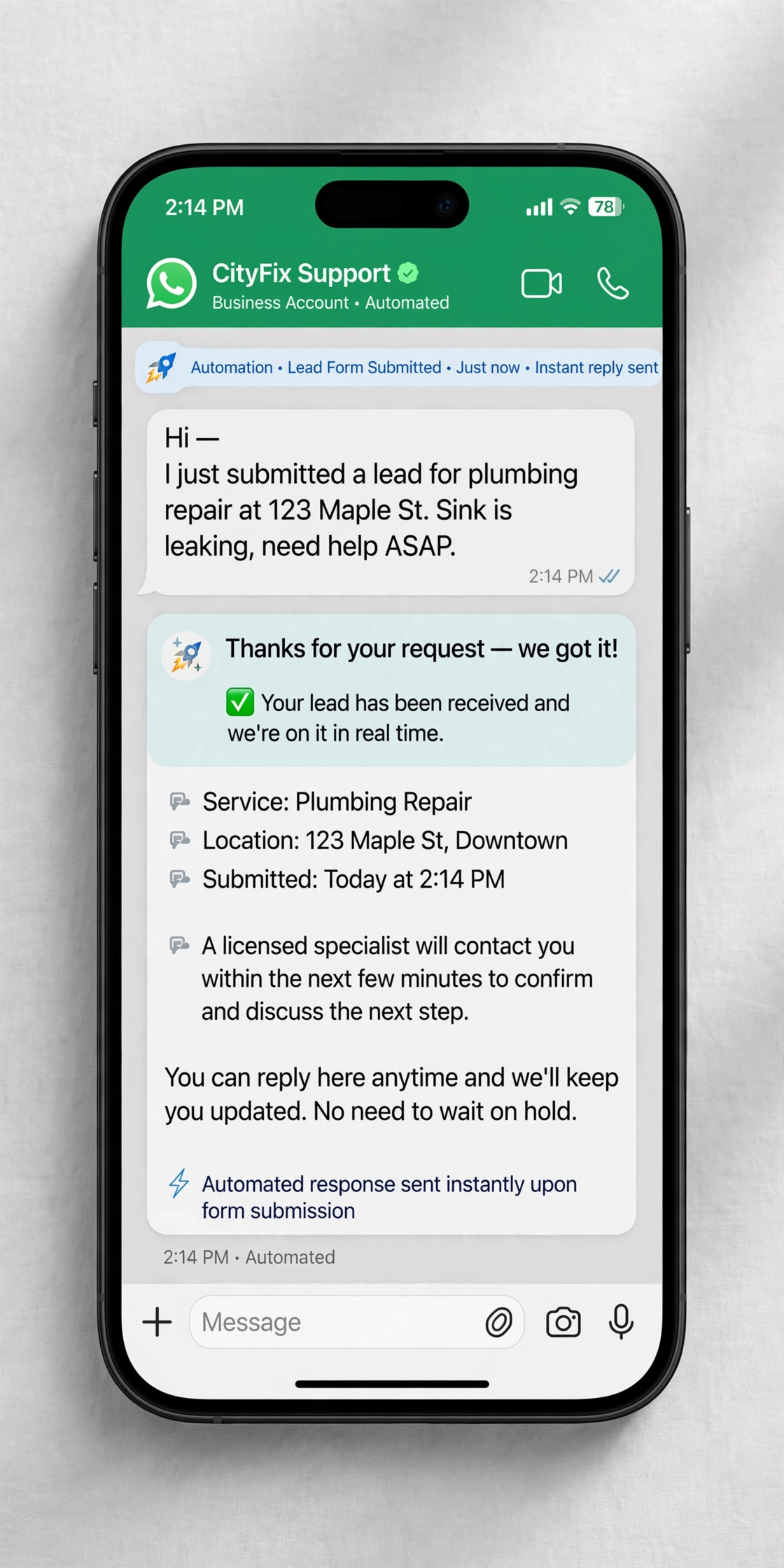 Automated local lead routing and instant SMS auto-reply workflow on mobile device