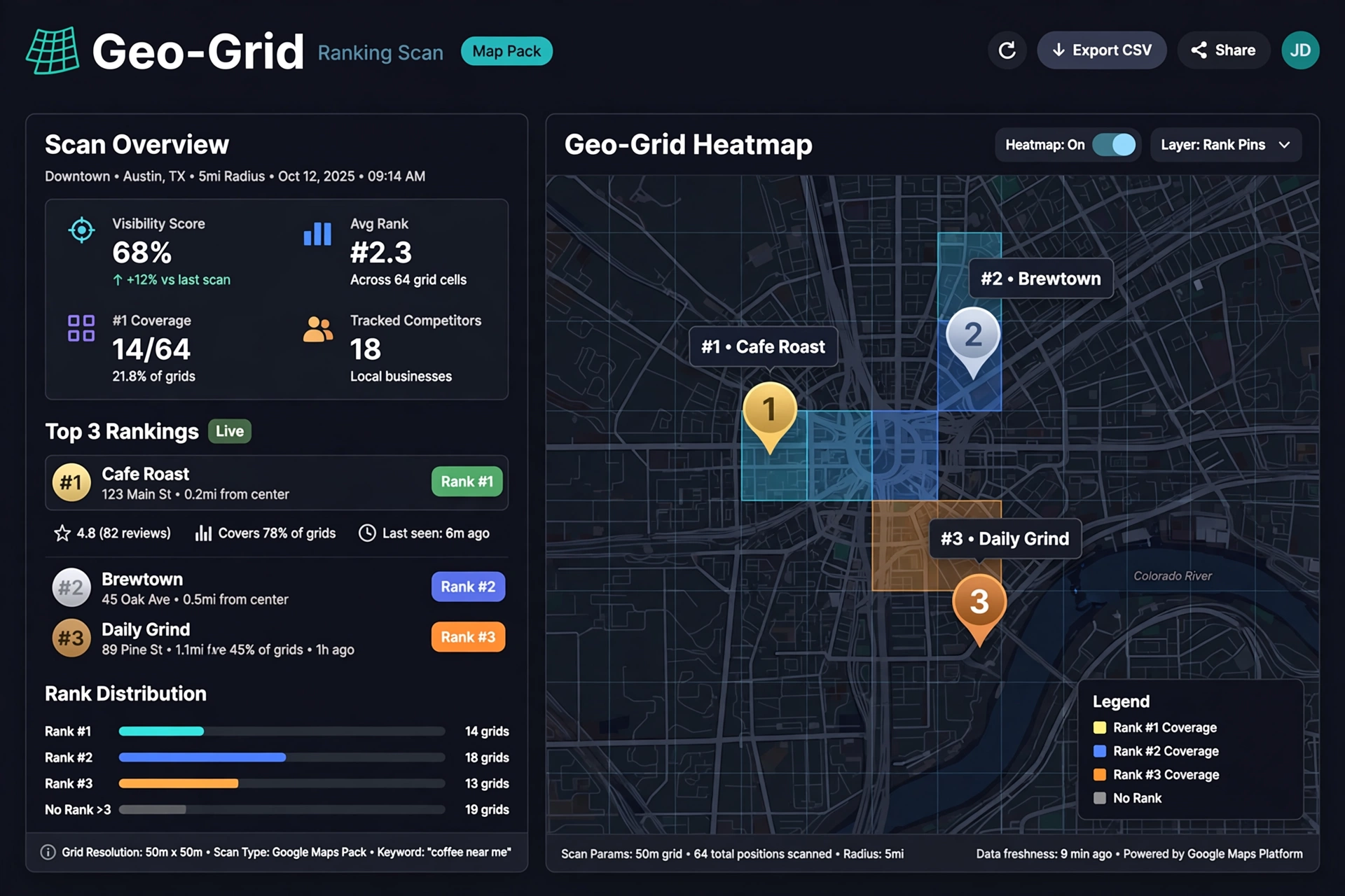 Google Map Pack geo-grid ranking report showing top 3 local search visibility for small business marketing agency clients